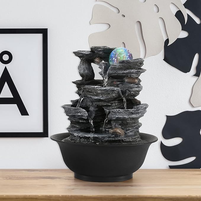 Dyna-Living Tabletop Water Fountain Indoor Waterfalls Fountains with Colored LED Light Decorative Feng Shui Tabletop Fountain with Automatic Pump Best Home Gifts for Friends or Family