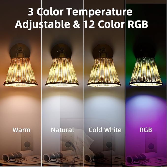 Battery Operated Wall Sconce Set of Two, Rechargeable Bamboo Wall Sconces with Remote RGB 15 Colors Dimmable, Farmhouse Boho Wall Lights for Bedroom Living Room Entryway - Bloomnest