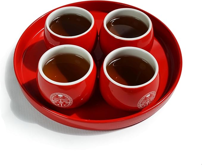 Chinese Wedding Tea cup 5oz Porcelain Teacup Red Cups Round Glaze Carving Double Xi for Tea Ceremony Wedding Party Home Decor (Double happiness cups 2pcs) - Bloomnest