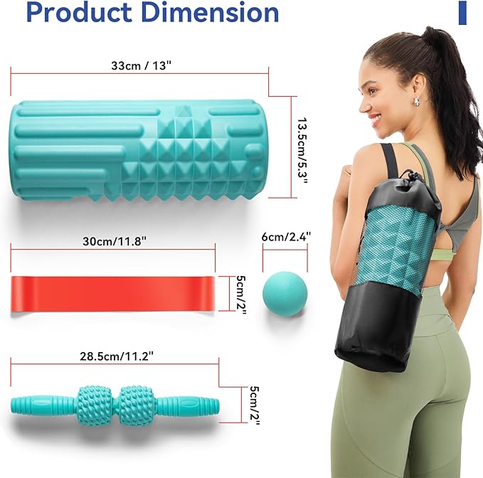 5 in 1 Foam Roller Set - Back Roller Foam, Massage Roller Stick, Massage Ball, Resistance Band for Physical Therapy & Deep Tissue Muscle Massage (Green) - Bloomnest