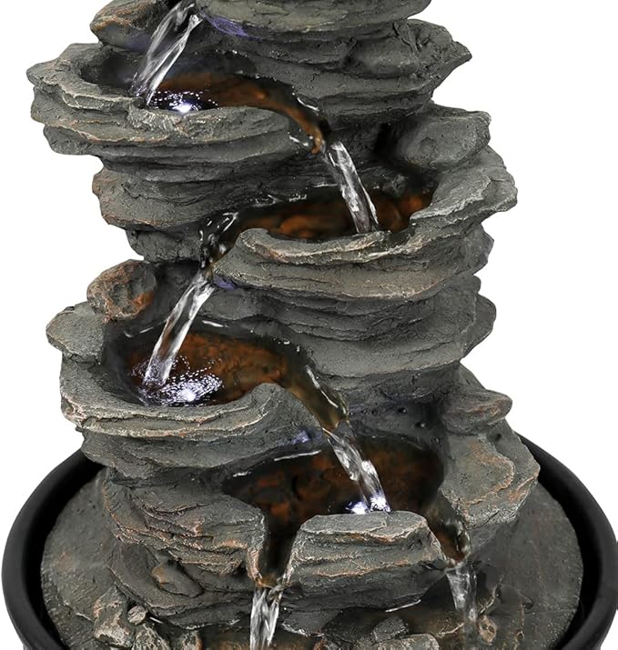 15.7” High Rock Falls Tabletop Water Fountain with LED Lights - 5-Tier Indoor Relaxation Waterfall Fountain, Small Cascading Water Feature for Home and Office Decor Gray-1