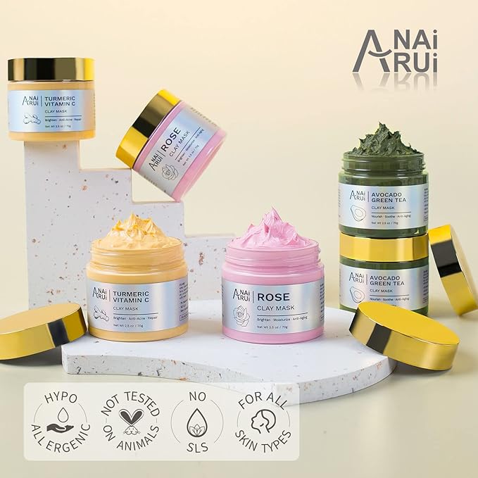 ANAI RUI 3 Pack Clay Mask Set Turmeric Vitamin C Clay Mask -Rose Facial Mask -Avocado Green Tea Mud Mask Smoothing, Hydration & Glow,Spa Gift Set, Valentines Day Gifts for Women/her 2.5 oz Each - Bloomnest