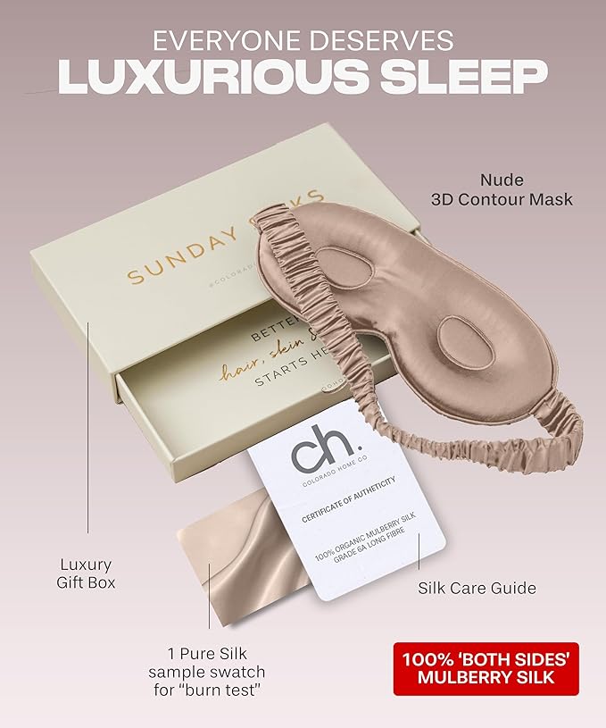 SUNDAYSILKS™ 3D Contoured Silk Sleep Mask | Padded Silk Eye Mask with Eye Cups for Lash Extensions | Blackout, Organic for Women & Men, Perfect for Travel, Slip-Free Deep Sleeping, Antifaz para Dormir - Bloomnest