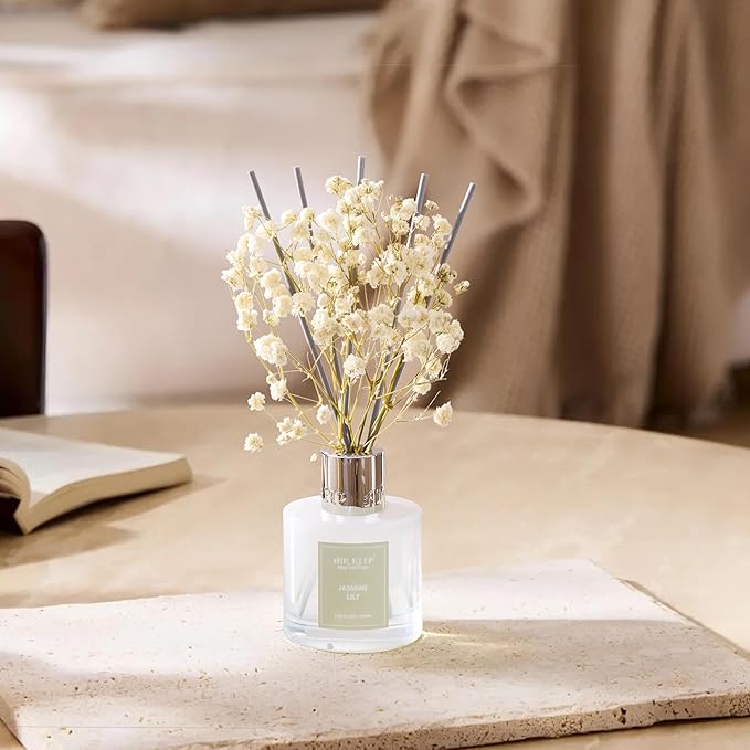 Airkeep Reed Diffuser Set, 3.38 fl oz (100 ml) - Jasmine Lily Lemon Oil Diffusers with 8 Reed Sticks, Home Fragrance Reed Diffuser for Bathroom Shelf Decor - Bloomnest