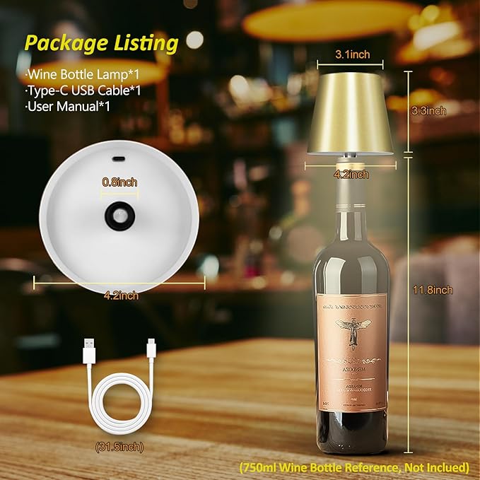 2025 New Wireless Bottle Lamp - LED Bottle Lights for Liquor & Wine Bottles, Cordless Lampshade, Whiskey Bottle Top Light, Bottle Stopper Night Light Kit, Rechargeable 3-Tone Touch-Dimmable - Bloomnest