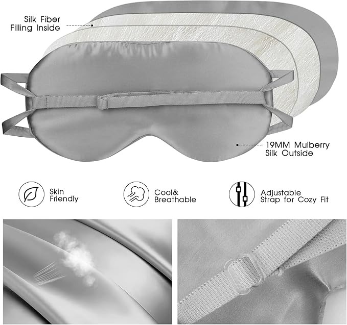 Adjustable Silk Eye Mask for Side Sleep/Travel/Plane Large Mulberry Silk Night Mask for Sleeping for Men/Women/Adults/Teens/Big Head,Silver Gray - Bloomnest