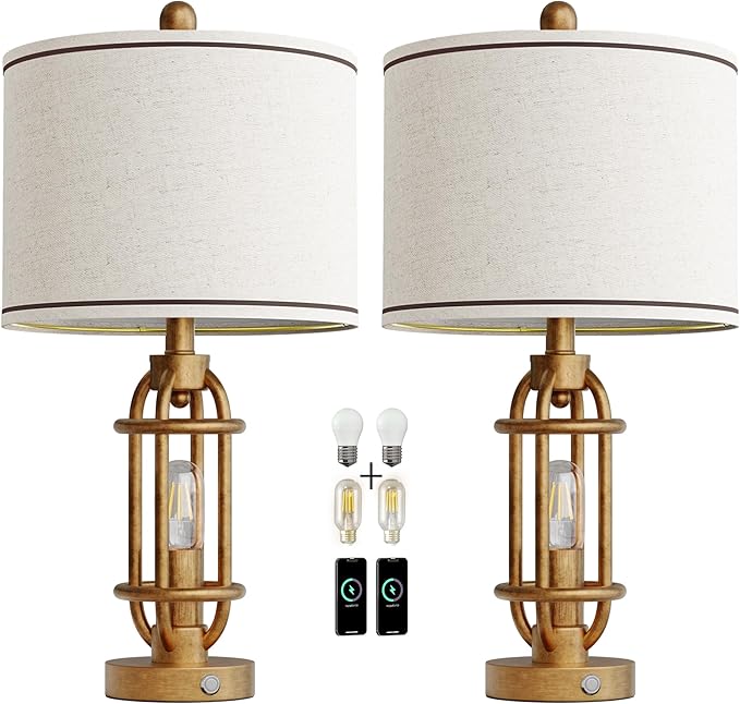23.75'' Table Lamps Set of 2 for Living Room Bedroom Industrial Farmhouse Metal Touch Lamps with USB A+C Ports, Night Light Vintage Nightstand Bedside Lamp, Bulbs Included, Antique Gold - Bloomnest