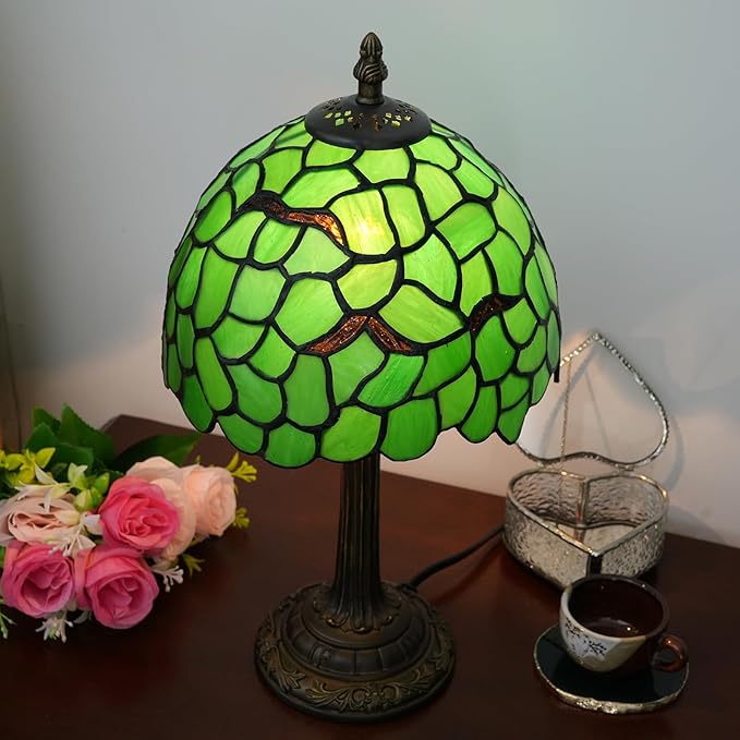 Tiffany Lamp Stained Glass Table Lamp 8X8X14 Inches Desk Reading Light Decor Beside Bedroom Living Room Home (H-1056- Green Leaf) - Bloomnest
