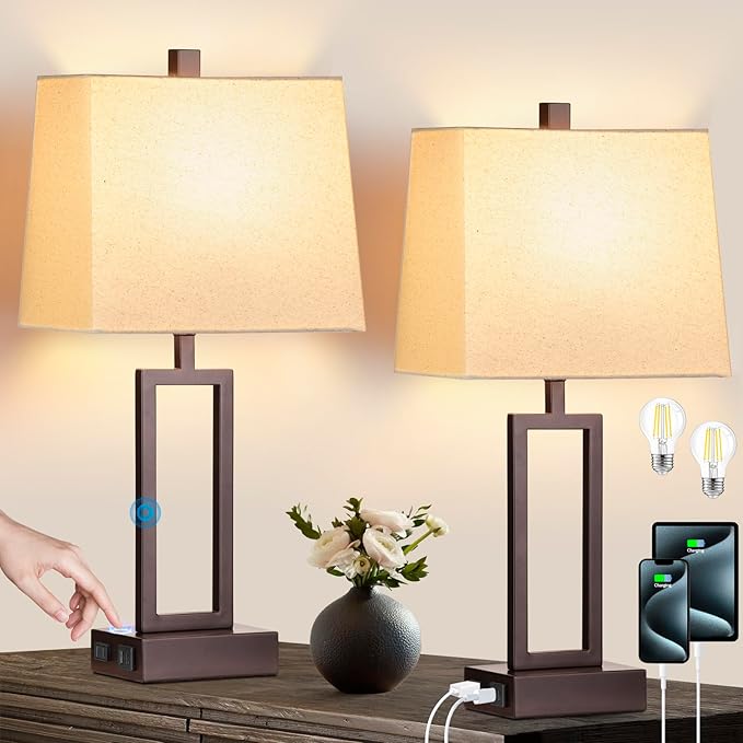 23.5" Touch Control Table Lamps, Metal Bedside Lamp for Bedroom Set of 2 with USB A+C Ports & AC Outlet, 3-Way Dimmable Nightstand Lamp for Living Room (LED Bulb Included) - Bloomnest