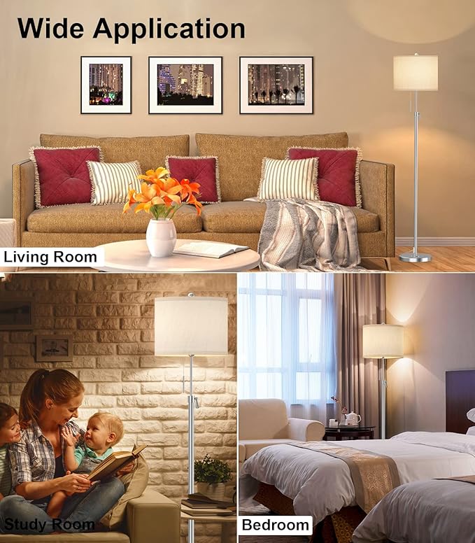 Brushed Nickel Floor Lamp for Living Room, Adjustable Height Standing Lamp with Metal Base, 3-Way Dimmable Tall Pole Light with White Linen Shade for Bedroom, Pull Chain Switch, 6W LED Bulb Included - Bloomnest