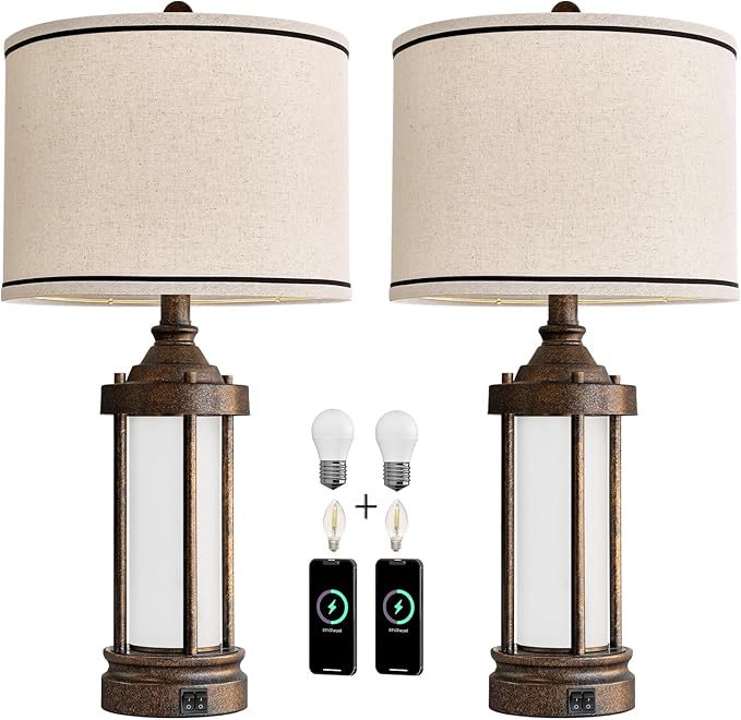 25'' Table Lamps Set of 2 for Living Room Bedroom Farmhouse Metal Lamps with 2 USB Ports, Built-In Frosted Glass Night Light Vintage Industrial Nightstand Bedside Lamp, 4 Bulbs Included, Bronze - Bloomnest