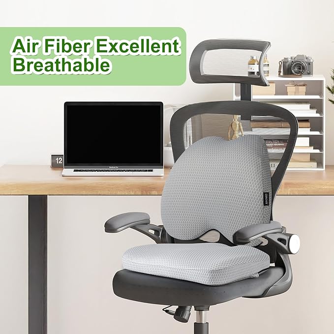 Air Fiber Office Chair Cushion - Ergonomic Seat Cushion for Orthopedic Coccyx, Relief Hip & Back Support - Doctor Recommended Cushion for Long Sitting Worker Driver & Handicapped (Light Grey) - Bloomnest
