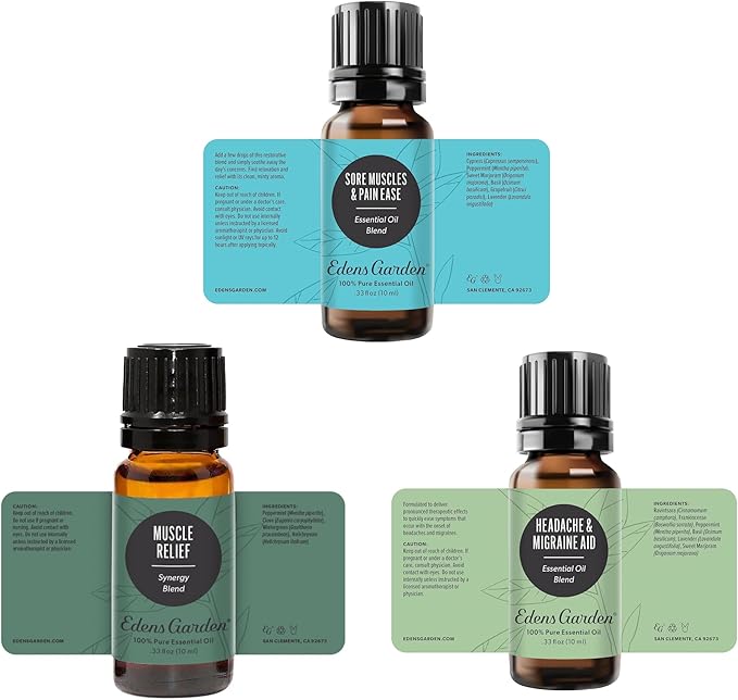 Edens Garden Aches & Pains Essential Oils 3 Set – 100% Pure Therapeutic Grade, Undiluted & Natural Aromatherapy Blends - for Headache, Muscle Comfort, Relaxation & Self Care Massage, 10 ml/ 3 Pack - Bloomnest