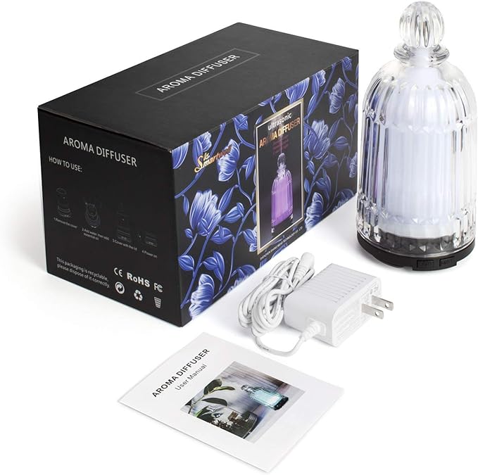 120ml Glass Essential Oil Diffuser, Ultrasonic Aroma Diffuser Glass Cover & Plastic Reservoir with Auto Shut-Off 7 Colors LED Lights for Home Office Bedroom(Bronze Base) DOUDING