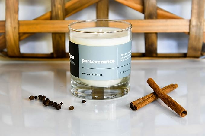 Perseverance, Teakwood & Spices, Highly-Scented, Inspirational Soy Candle, Made in USA, Great Message, Pure Essential Oils, Aromatherapy, 8 oz - Bloomnest
