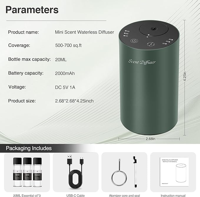 Waterless Essential Oil Diffuser Starter Kit - No Water Needed, Battery Operated Mini Scent Air Machine, Included 3x20ML Essential Oils, Portable Aromatherapy Diffuser for Home & Car & Office, Green - Bloomnest