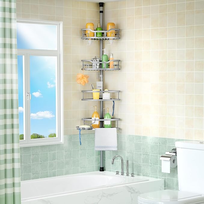 HAMITOR Corner Shower Caddy Tension Pole: Rustproof 4-Tier Bathroom Organizer Shelves for Bathtub Shampoo Storage - 47-121 Inch Quick Install Adjustable Rod Standing Rack with Soap Rack - Silver Gray | Rustproof, Quick Install, Adjustable Rod, Soap Rack - Bloomnest