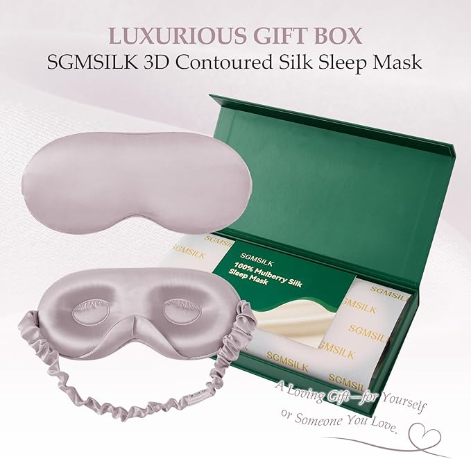 100% 22 Momme Mulberry Silk Sleep Mask with Adjustable Strap, 3D Contoured Cup Silk Eye Mask for Sleeping, Total Black Out, Dusty Purple - Bloomnest