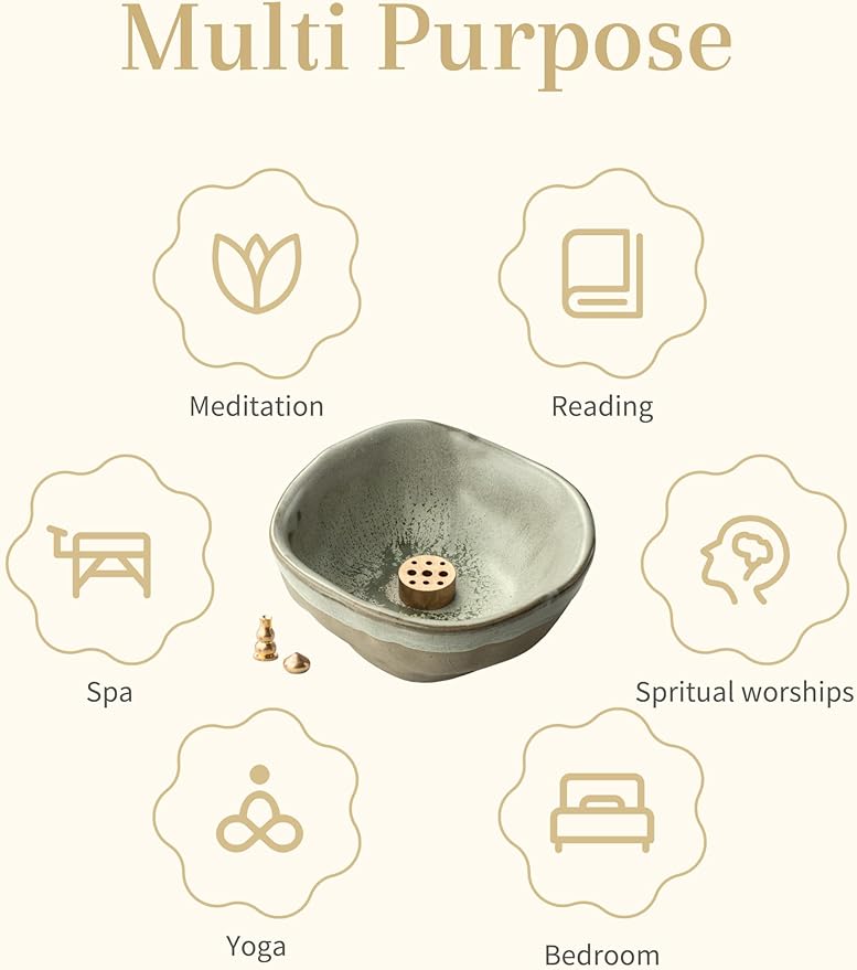 Incense Holder with 3 Incense Sockets, 4 In 1 Incense Burner Holder 4.25 Inch Incense Holder for Sticks, Ceramic Incense Stick Holder for Palo Santo, Cone Incense, Meditation, Yoga, Sage Green - Bloomnest