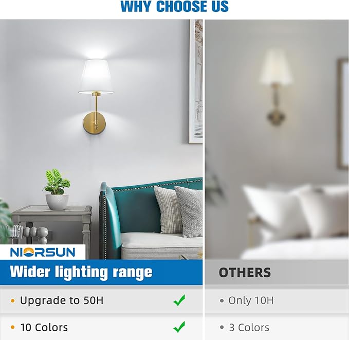 NIORSUN 14.5 inch Battery Operated Wall Sconce Set of 2,Gold Rechargeable Wall Lights with 5200mAh Dimmable Detachable Bulbs and Remote,9 Colors Wireless Sconces for Bedroom Living Room Hallway Decor - Bloomnest