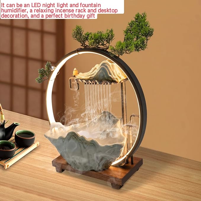 15In Fake Tree Bonsai Humidifier Water Fountain Waterfall Indoor Tabletop Decration with LED Light, Atomizer Circulating Water, Japanese Zen Decor Meditation Feng Shui Decor Festival Birthday surprise - Bloomnest