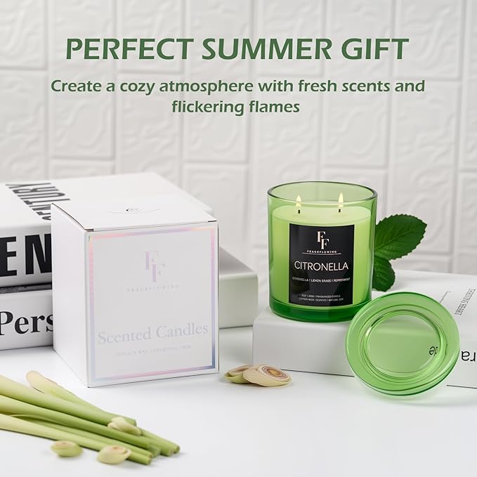 Citronella Candles Outdoor, 2-Wick Outdoor Indoor Scented Candle, Jar Candles for Home Scented, Long Lasting Natural Soy Candle, Summer Scents of Citronella/Lemon Grass/Peppermint, 9 oz - Bloomnest