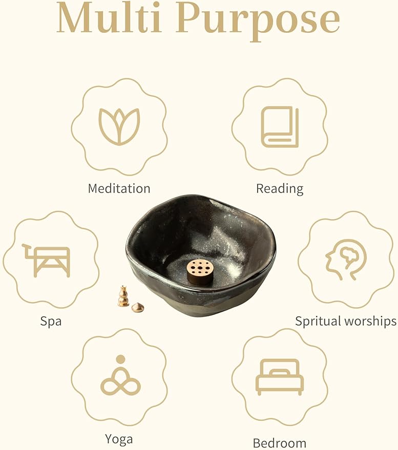 Ceramic 4 in 1 Incense Burner, 4.25 Inch Incense Holder with 3 Refined Copper Incense Sockets, Unique Round Shape Insence-Stick Holder for Meditation Decor, Yoga, SPA, Black - Bloomnest