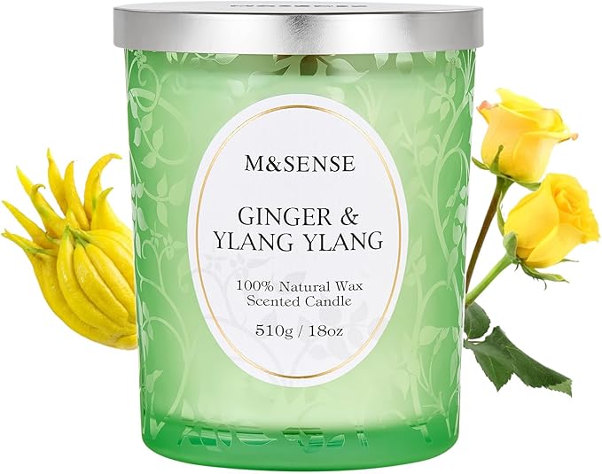 M&SENSE Ginger Ylang Ylang Scented Candle, Cracking Wooden Wick Soy Wax, 18oz 100 Hours Long Lasting Clean Burn, Large Jar Candles for Home Decor, Non-Toxic Relaxing Aromatherapy Gifts for Women - Bloomnest