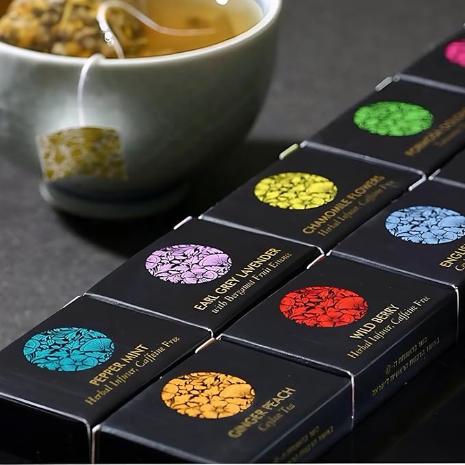 Ceremonie Tea Herbal Variety Pack - Kosher Set with Reusable Wooden Tray - Assorted Sampler With 10 Individually Wrapped Silky Mesh Bags - Single Serve Pouches - Bloomnest