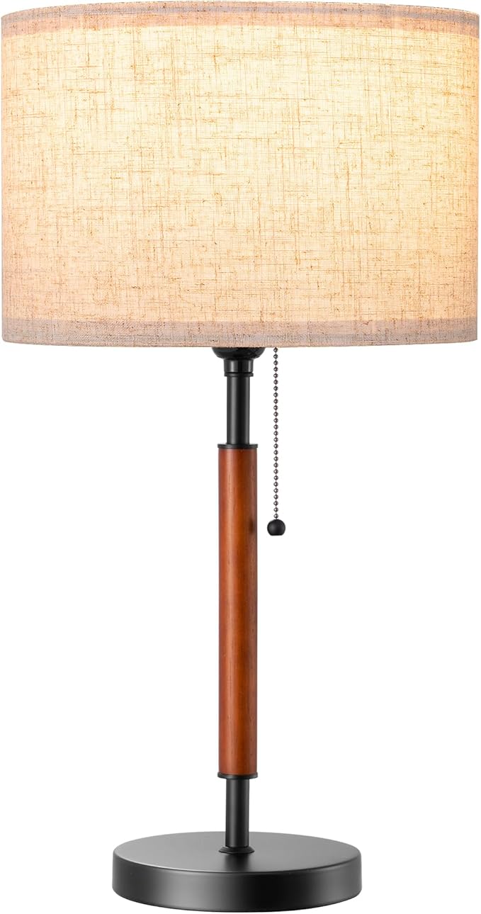 EDISHINE Mid Century Table Lamp, Pull Chain Switch Bedside Lamp with Linen Shade, Solid Wood Pole & Black Metal Base, Modern Nightstand Lamp for Bedroom, Living Room, Office, E26 Base - Bloomnest