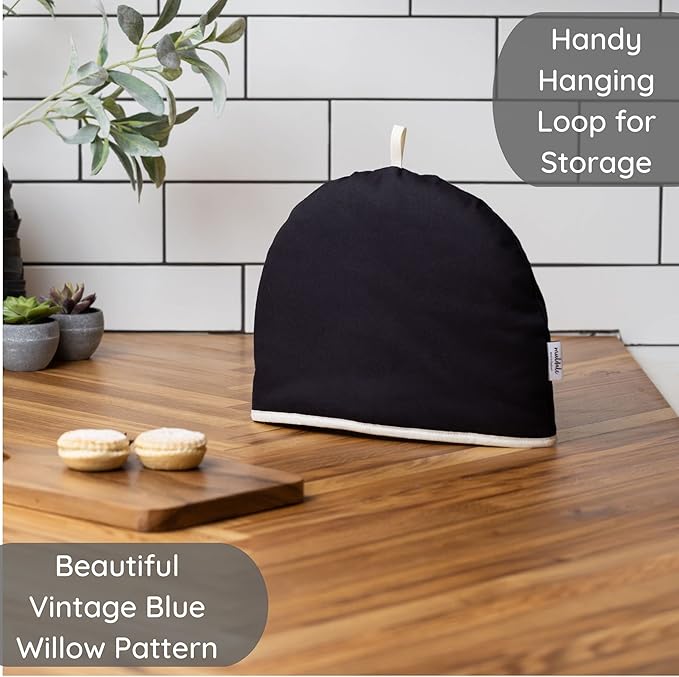 Muldale Large Tea Cozy for Teapot Insulated - Black - Thermal 100% Cotton Extra Thick Wadding - Designed in England - Tea Cozies Covers Fit 1 to 6 Cup Neutral Kitchen Textiles Range - Bloomnest