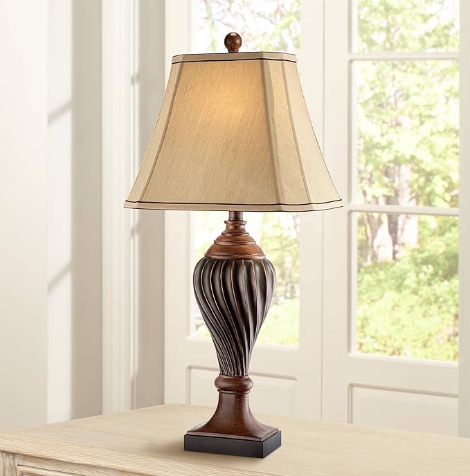 Regency Hill Carved 28 1/2" Tall Urn Traditional End Table Lamps Set of 2 Two-Tone Brown Finish Beige Shade Living Room Bedroom Bedside Nightstand House Office Home Kitchen Entryway Console Family - Bloomnest