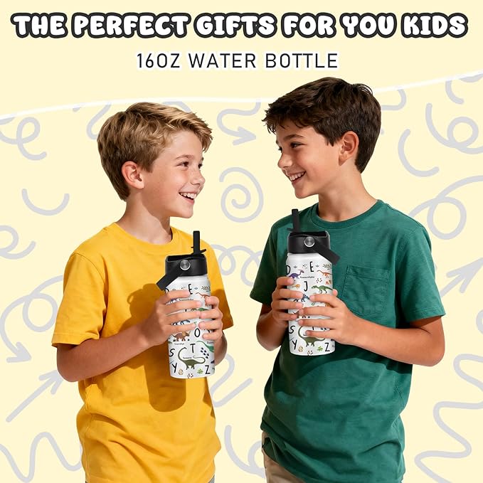 Alphabet Dinosaur Water Bottle for Boys, 16oz Kids Stainless Steel Insulated Water Bottle with Straw Lid, Dinosaur Dino Cup Tumbler Gifts for School - Bloomnest