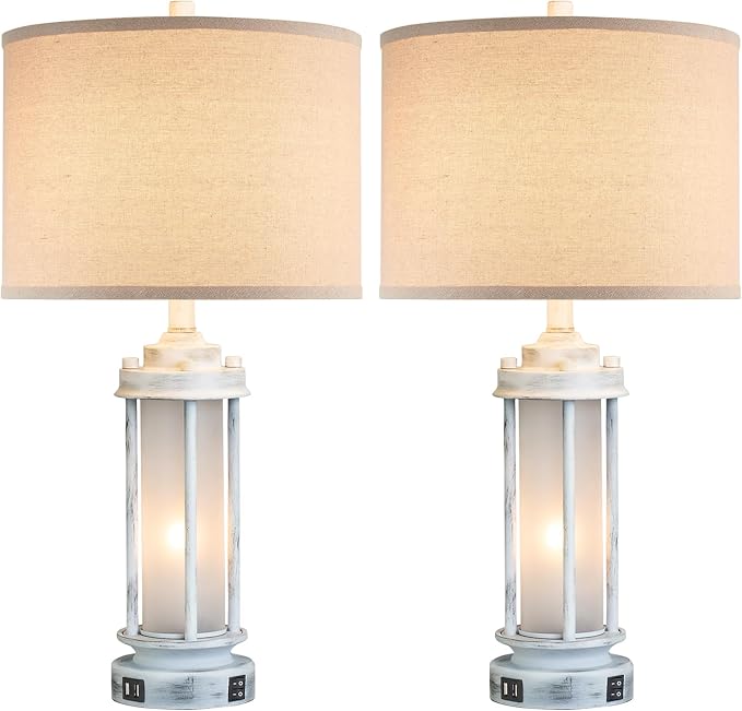 25" Rustic Table Lamps Set of 2, Vintage Nightstand Lamps with 2 USB Ports, Farmhouse Antique White Desk Lamp with Glass Night Light for Living Room Bedroom Dorms, 4 Bulbs Included - Bloomnest