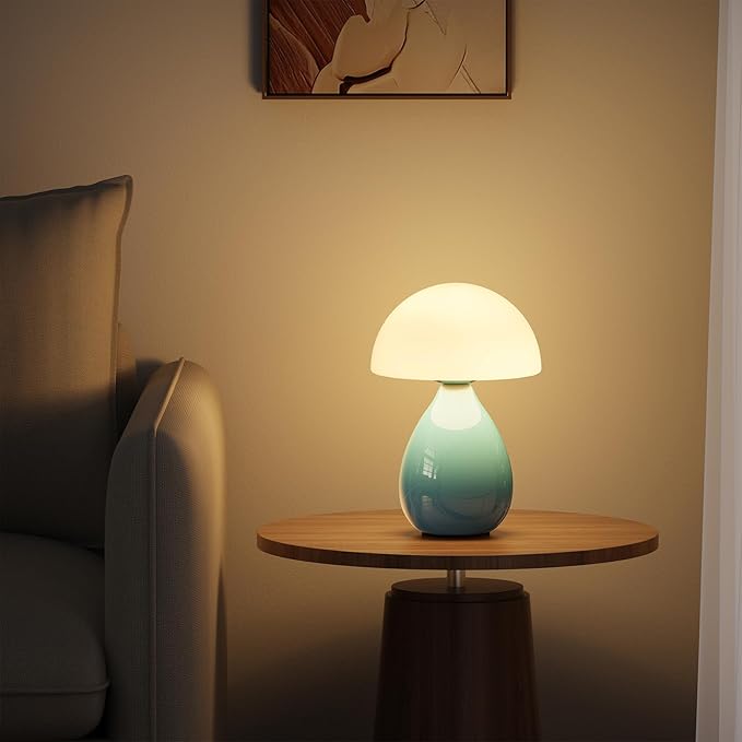 Mushroom Side Table Lamp, Mini Modern Lamp Small Vintage Table Bedside Nightstand Light, Small Light Dimmable for Bedroom, Living Room, Ceramic Base Glass Led Home Decor for Woman Gifts - Bloomnest