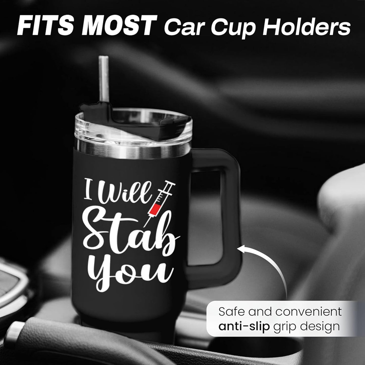 SANDJEST Nurse Gifts I Will Stab You Tumbler with Handle 40oz Stainless Steel Insulated Coffee Cup Funny Nurse Week Present, Nursing School Graduation, Appreciation Gifts for RN Nurses