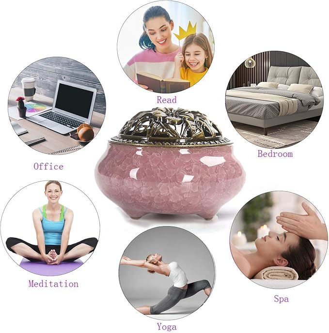 Ceramic Incense Burner with Calabash Incense Holder, 3 in 1 Stick or Cone Coil Incense Burner, Brass Lid for Yoga Spa Meditation - Bloomnest