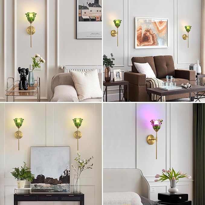 2 Pack Battery Operated Wall Sconce with Green Glass Shades, Wireless Rechargeable RGB Wall Light with Remote Control, for Bedroom Mirror Living Room - Bloomnest