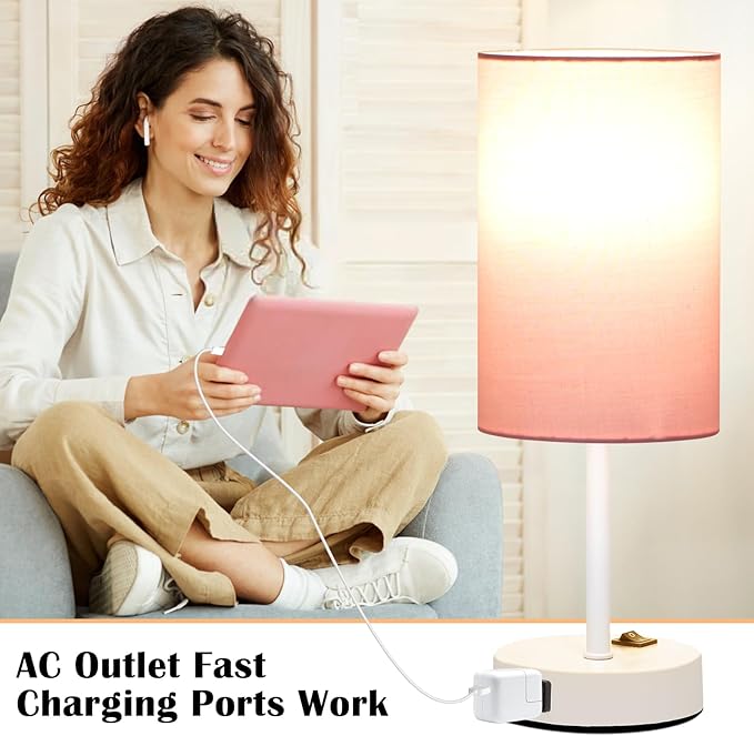 ZJOJO Table Lamp for Bedroom Set of 2, Bedside Small Lamps with 3 Way Dimmable Rocker Switch and AC Outlet, Nightstand Desk Lamp with Pink Fabric Shade White Base for Living Room Home Decor Lights - Bloomnest