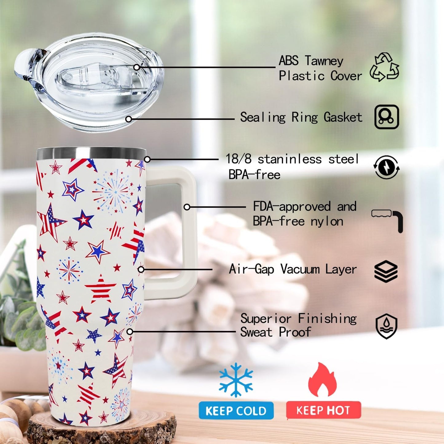 Ceovfoi 40 Oz 4th of July Tumbler With Handle and Straw,Patriotic Coffee Travel Mug Cup Water Bottle,American Flag Decor,Patriotic Military Gifts For Veterans, Police