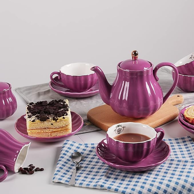 Porcelain Tea Sets British Royal Series, 8 OZ Cups& Saucer Service for 6, with Teapot Sugar Bowl Cream Pitcher Teaspoons and Tea Strainer, Suitable for High Tea, Wedding, Party (Violet) - Bloomnest