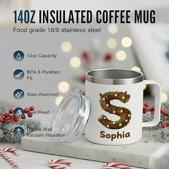 Personalized Christmas Mug with Name, 12oz Insulated Coffee Travel Mug with Handle & Lid, Rustic Custom Monogram Tumbler, Xmas Holiday Gift for Women, Her, Mom (B02) - Bloomnest