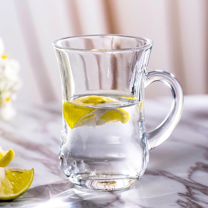 Turkish Tea Glasses With Handle - Tea Cups Set of 6 - Slim Waist Thick Sole Tea Glass for Hold Cold Drinks, 5 oz / 150ml - Bloomnest