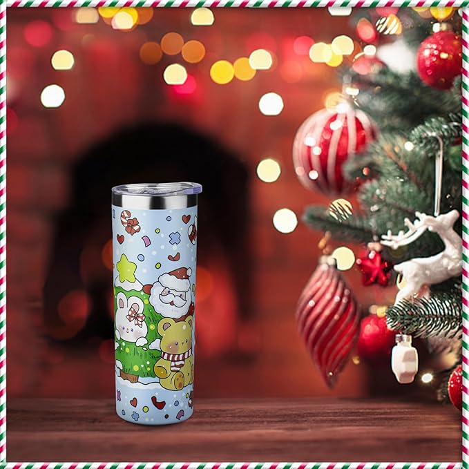 20oz Christmas Skinny Tumbler with Lid and Straw,Stainless Steel Vacuum Insulated Tumbler Cup Double Wall Travel Coffee Mug Christmas Gifts for Women Men (Santa Claus Bear,1)
