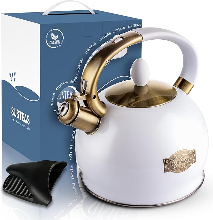 SUSTEAS Stove Top Whistling Tea Kettle - Food Grade Stainless Steel Teakettle Teapot with Cool Touch Ergonomic Handle, With 1 Silicone Pinch Mitt Included, 2.64 Quart(WHITE) - Bloomnest