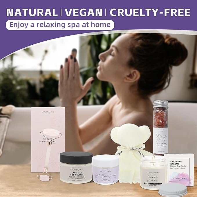 Natural Amor Lavender Spa Gift Set – 6 pcs Handmade Self-Care Kit with Body Butter, Bath Salt, Clay Mask, Candle, Jade Roller & Bear Headband – Relaxation Gift for Women - Bloomnest