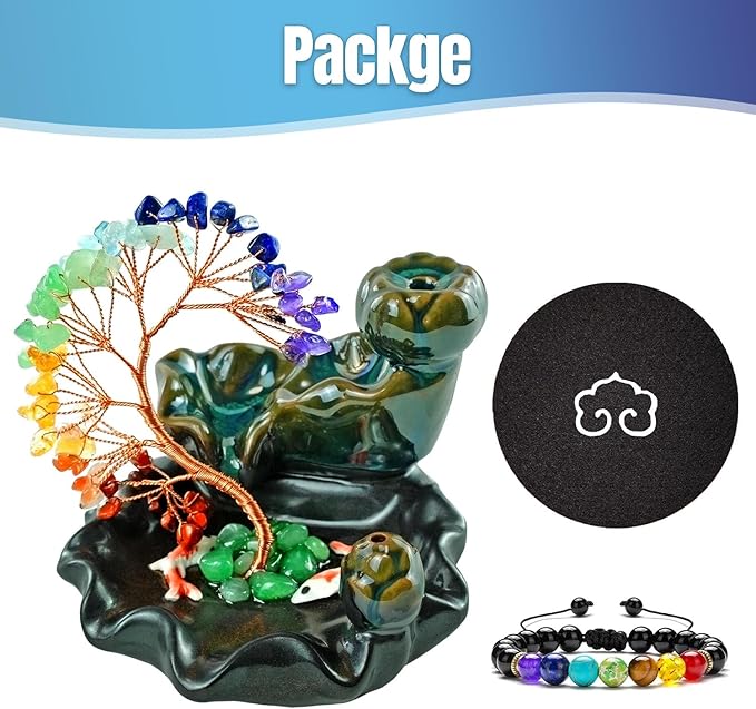 Backflow Incense Burner Ceramic Incense Waterfall Backflow Incense Holder 7 Chakras Gemstone Money Tree Crystal Tree Namaste Chakra Bracelet Cushion FengShui (Green) - Bloomnest