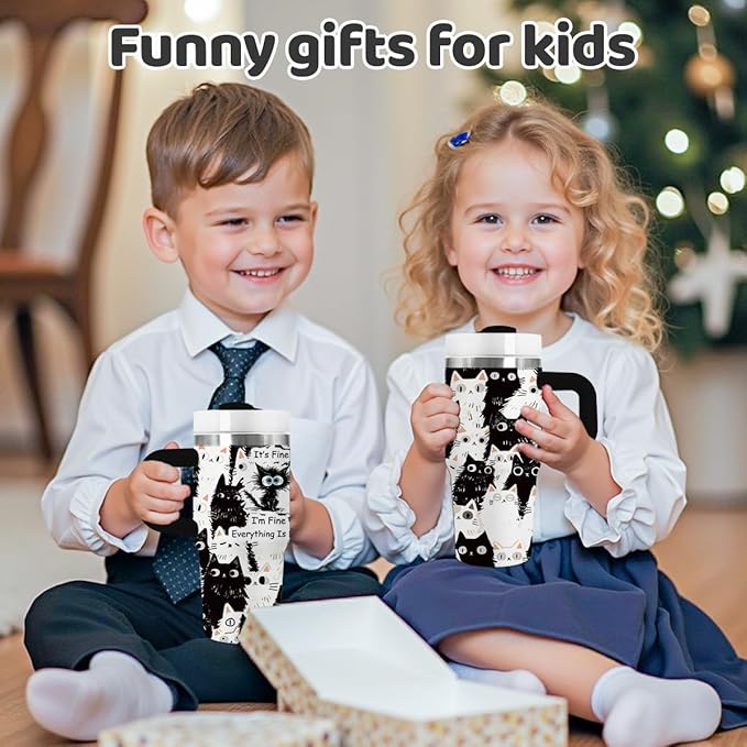 Cat Lover Gifts, 14oz Blackcat Tumbler with Handle, Everything Is Fine I'm Fine Black Cats Tumblers, Funny Christmas Thanksgiving Birthday Gifts for Mom, Daughter, Son, Sister - Bloomnest