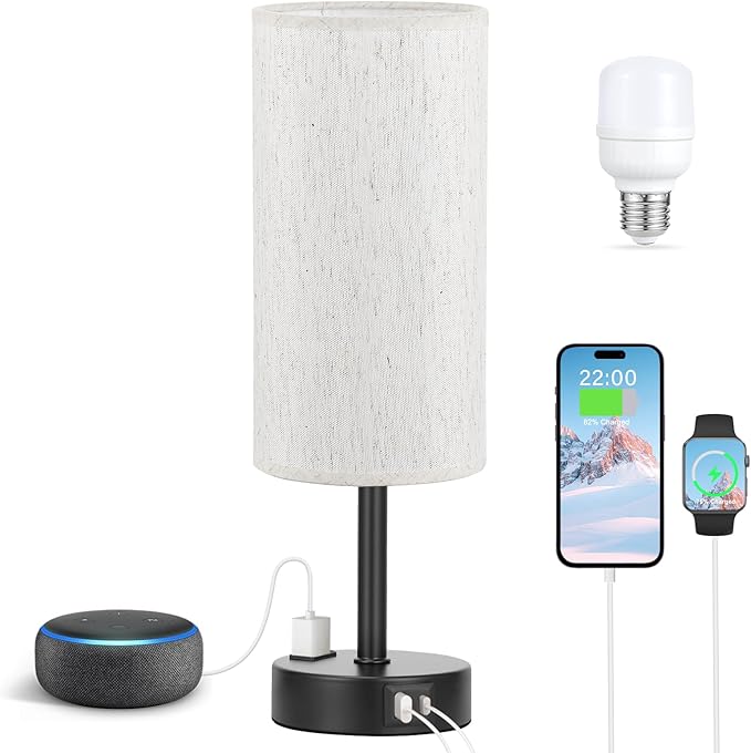 Light Beige Table Lamp for Nightstand - 3 Way Dimmable Bedside Lamp for Bedroom with USB C A Charging Ports and AC Outlet, Small Desk Lamp with Black Base for Living Room, Office, LED Bulb Included - Bloomnest