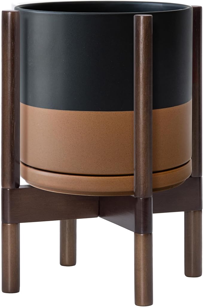 D'vine Dev Ceramic Planter with Walnut Color Stand - 10 Inch Modern Round Flower Pot with Wood Planter Holder, Black/Speckled Tan, 55-B-X-7 - Bloomnest